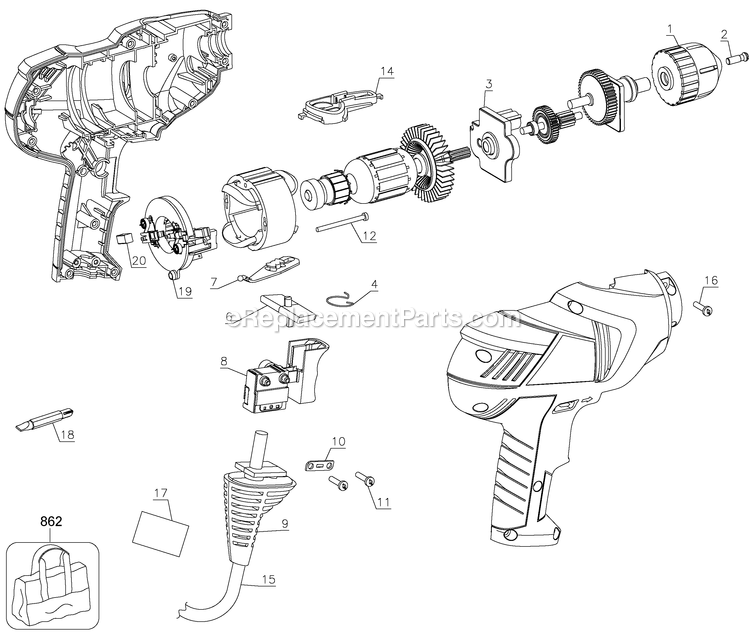 Black and Decker DR250B-B3LZ (Type 1) 3/8 Drill/Driver Power Tool Page A Diagram